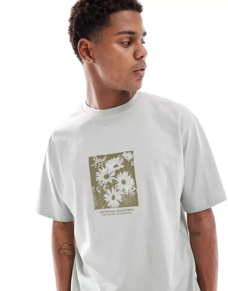 Pull&bear floral printed t-shirt in sage green