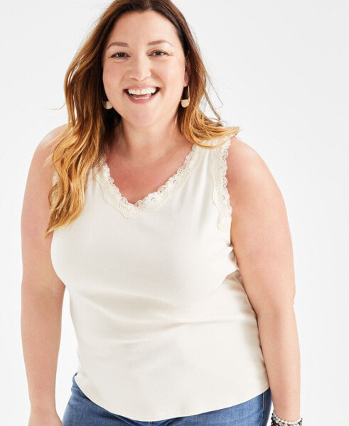 Plus Size Lace-Trimmed Tank Top, Created for Macy's