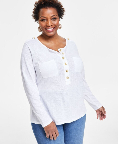 Plus Size Button-Front Long-Sleeve Top, Created for Macy's