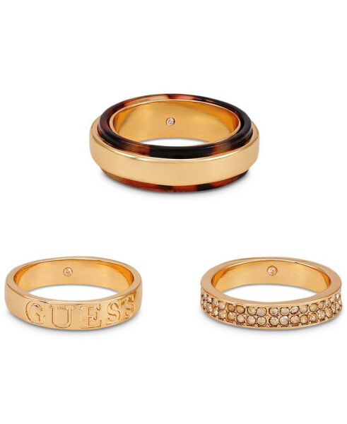 Gold-Tone 3-Pc. Set Logo, Pavé & Tortoise-Look Band Rings