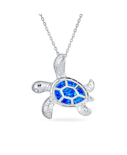 Large Nautical Tropical Beach Vacation Iridescent Blue Created Opal Inlay Sea Tortoise Turtle Pendant Necklace For Women Teen .925 Sterling Silver