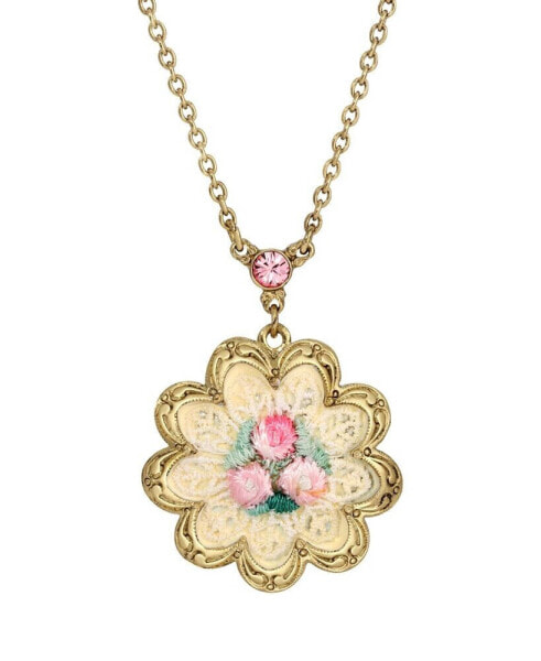 Gold-Tone White Pink Rose Knit Flower Necklace