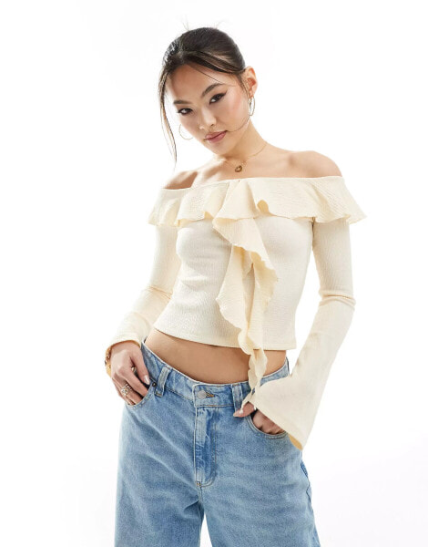 ASOS DESIGN textured ruffle off shoulder top in ecru