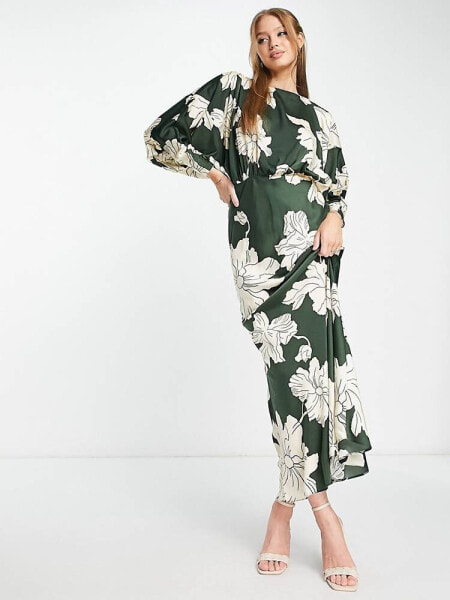 ASOS DESIGN satin maxi dress with batwing sleeve in large stencil floral