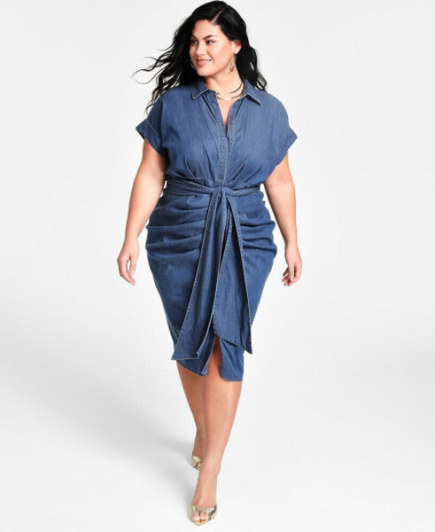 Trendy Plus Size Denim Ruched Tie-Front Dress