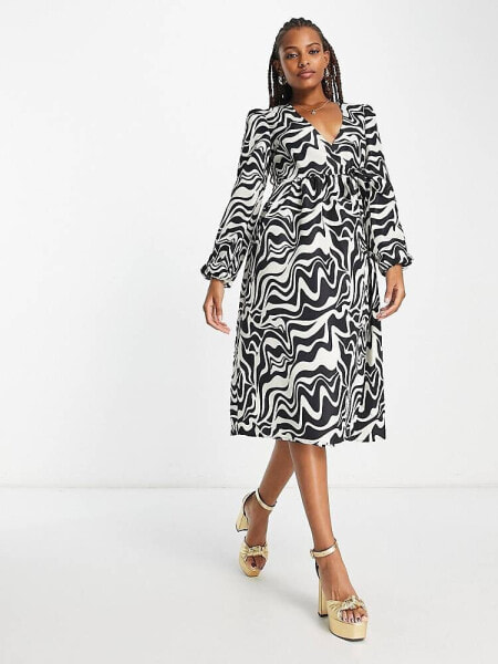 Monki abstract print puff sleeve midi dress in multi