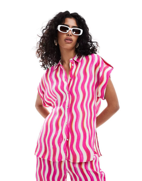 Mango wave stripe co-ord shirt in pink