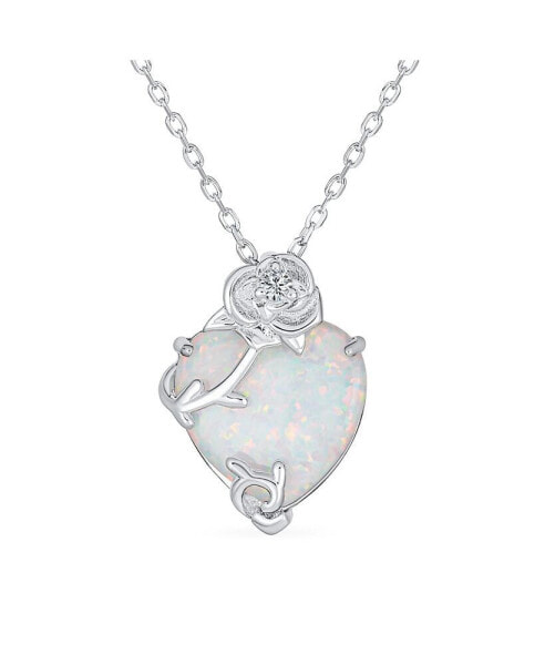 Bling Jewelry romantic Opulence Gemstone Heart Shape White Created Opal CZ Rose Flower Accent Pendant Necklace For Women .925 Sterling Silver October Birthstone 16-18 Inch