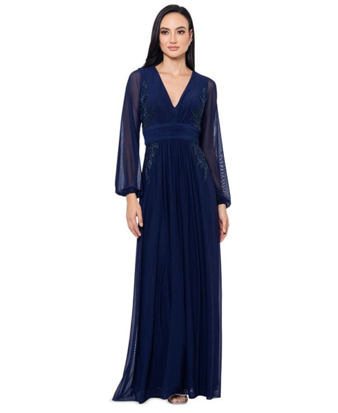 Women's V-Neck Embroidered Chiffon Gown