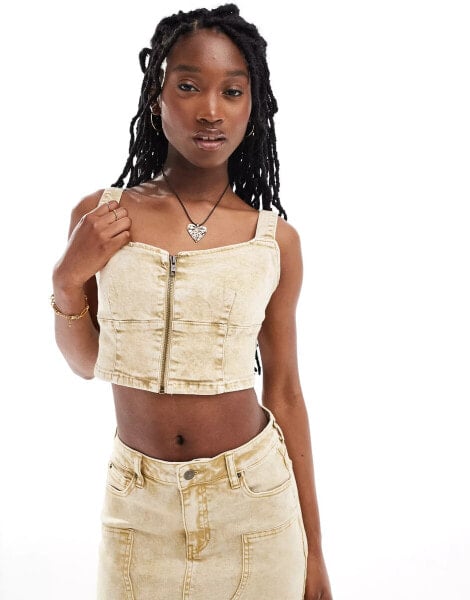 Guess Originals co-ord aged denim zip bustier top in overdyed beige