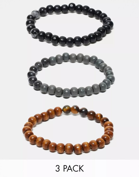 ASOS DESIGN 3 pack beaded bracelet set in black brown and grey