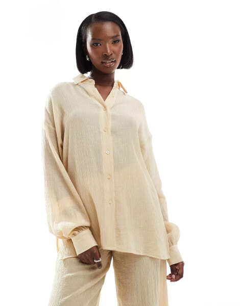 In The Style textured sheer long sleeve shirt co-ord in beige