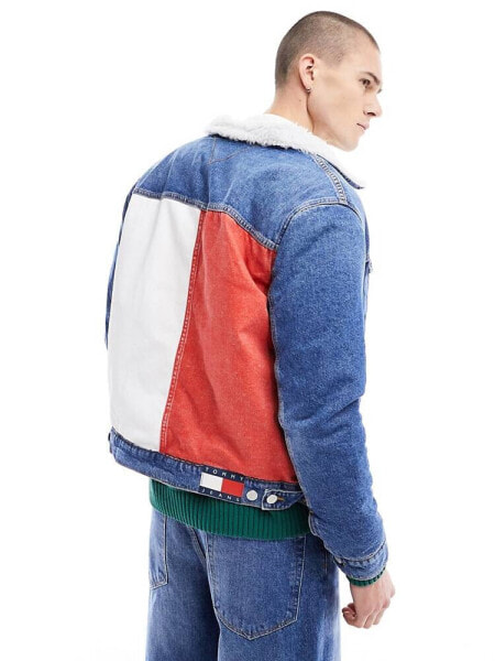 Tommy Jeans co-ord regular sherpa flag trucker jacket in mid wash