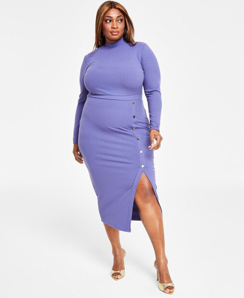 Trendy Plus Size Ribbed Mock-Neck Bodycon Dress