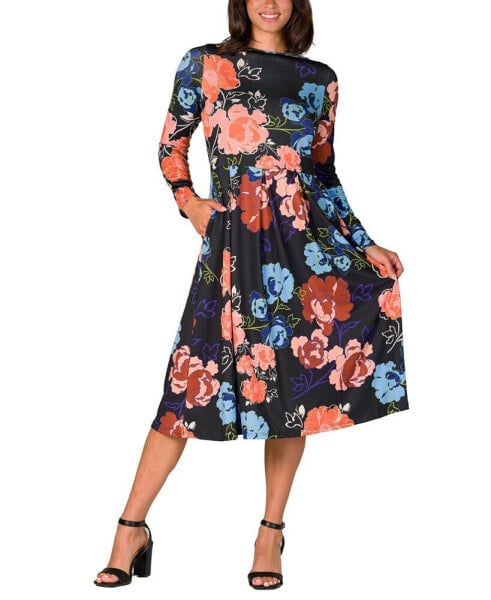 Women's Black Floral Midi Length Long Sleeve Pocket Dress