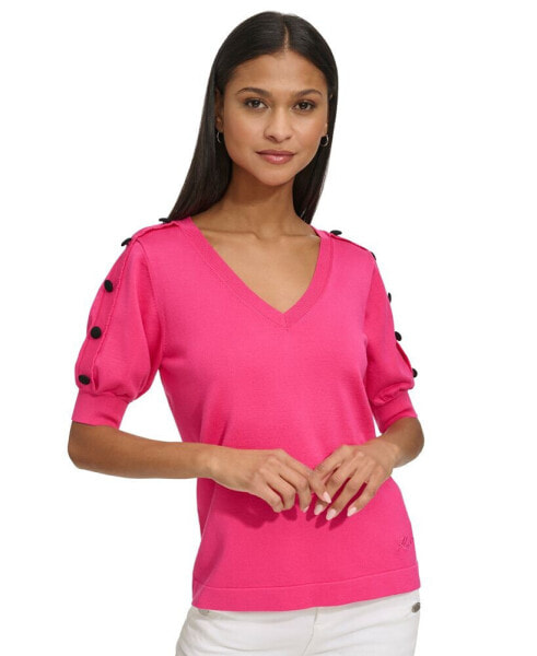 Women's Short-Sleeve Button-Trim V-Neck Sweater