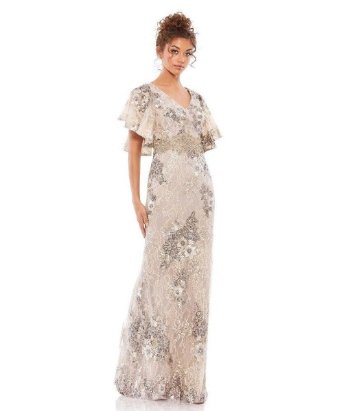 Women's Bell Sleeve Floral Embellished Gown