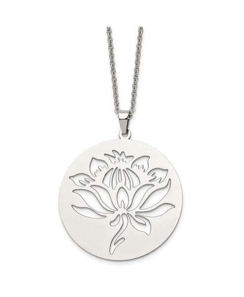 Polished Flower Cut-out Circle Pendant Cable Chain Necklace