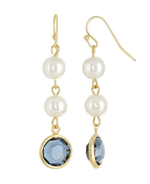 Gold-Tone Imitation Pearl with Dark Blue Channels Drop Earring