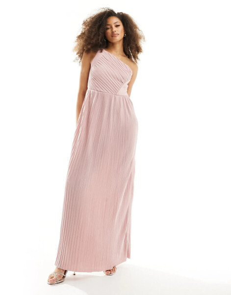 YAS Bridesmaid plisse one shoulder maxi dress in pink - PINK