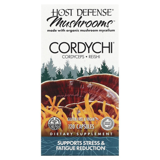 Fungi Perfecti Host Defense, Host Defense Mushrooms, Cordychi, поддержка при стрессе и снижение усталости, 120 вегетарианских капсул