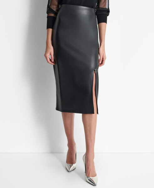 Women's Zipper-Hem Faux Leather Midi Skirt