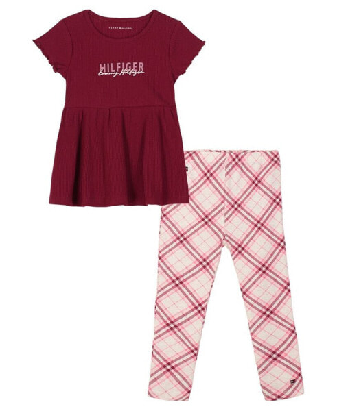 Little Girl Ribbed Peplum Tunic Plaid Leggings