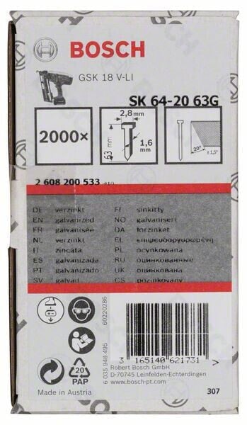 Bosch Senkkopf-Stift SK64 20G 63 mm verzinkt (2000 Stk)