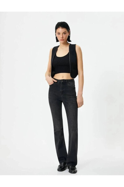 İspanyol Paça Kot Pantolon Yırtmaç Detaylı Slim Fit Yüksek Bel - Victoria Slim Jeans