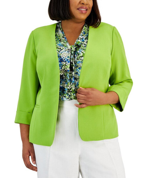 Plus Size Stretch-Crepe 3/4-Sleeve Open-Front Jacket