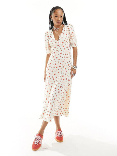 Glamorous v neck midi tea dress in red daisy print