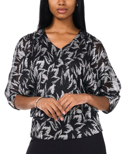 Petite Printed Metallic V-Neck Blouson Top