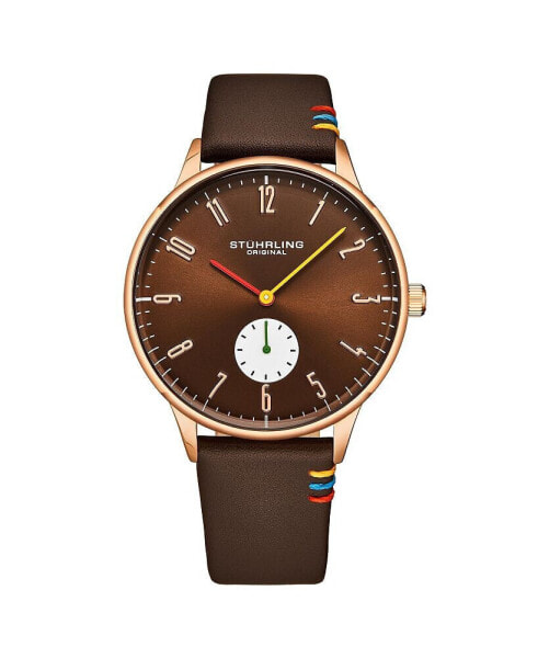 Mens Brown leather strap Quartz Brown dial Rose Gold case Red yellow and green hands