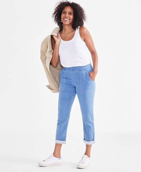 Women's Mid-Rise Pull-On Dobby Straight-Leg Jeans, Created for Macy's