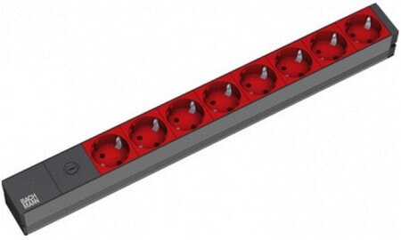 Удлинитель BACHMANN 19'' 2m 8x Schuko H05VV-F 3G 1.00mm² - 2 m - Aluminium - Black - Red - 8 AC outlet(s) - 10 A - Black