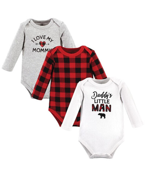 Baby Boys Cotton Long-Sleeve Bodysuits, Buffalo Plaid Family, 3-Pack