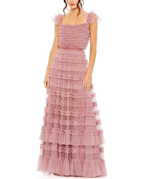 Mac Duggal Ruffle Cap Sleeve Tiered Ruffle Gown Women's 8