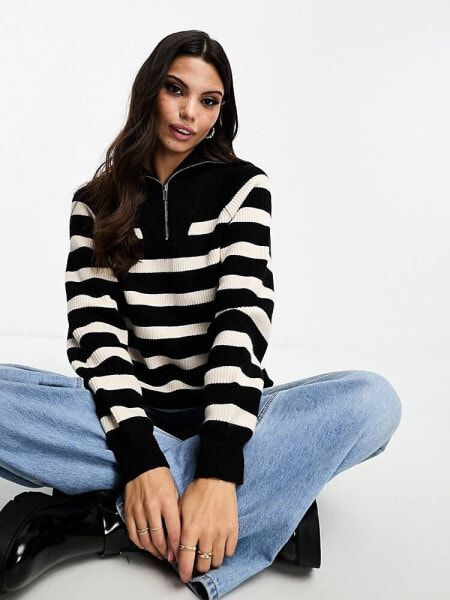 Miss Selfridge stripe knit half zip jumper in black stripe 