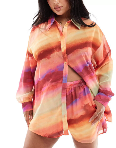 In The Style Plus x Perrie Sian exclusive semi sheer oversized beach shirt co-ord in orange ombre