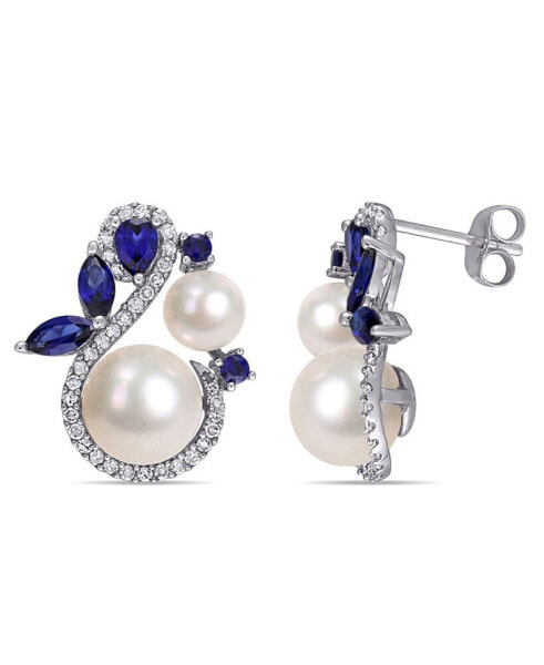 Freshwater Cultured Pearl (5.5-8.5mm), Lab Grown Sapphire (1 1/10 ct. t.w.) and Diamond (1/3 ct. t.w.) Swan Earrings in 10k White Gold