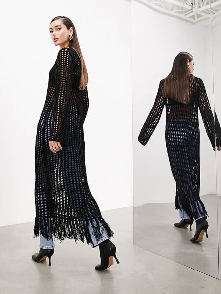 ASOS EDITION long sleeve open knit maxi dress with tassels in black