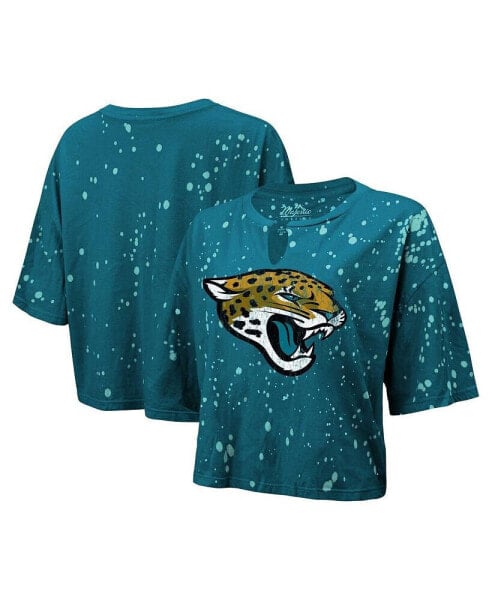 Women's Threads Teal Distressed Jacksonville Jaguars Bleach Splatter Notch Neck Crop T-shirt