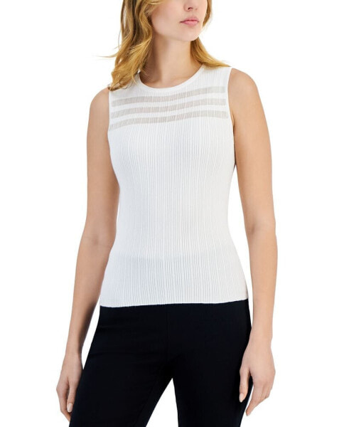 Women's Ribbed Illusion-Stripe Sleeveless Crewneck Sweater