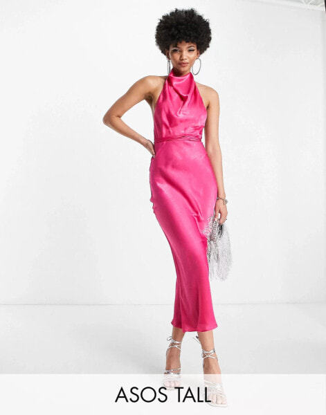 ASOS DESIGN Tall – Midikleid in Pink mit Wasserfallausschnitt und Wickel-Taillenband