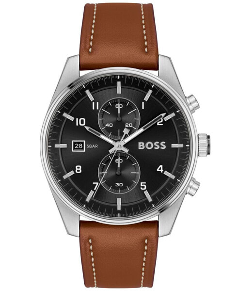 BOSS Men's Skytraveller Quartz Fashion Chrono Brown Leather Watch 44mm