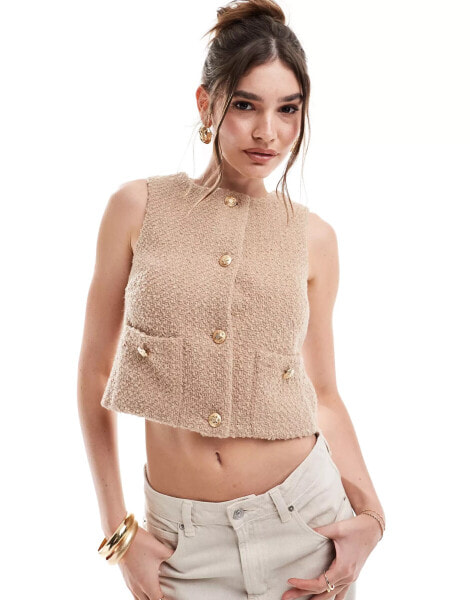 4th & Reckless boucle sleeveless vest with gold button detail in camel