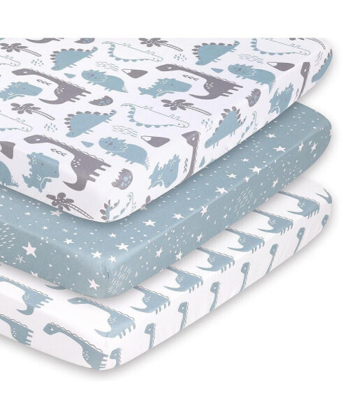 Pack n Play, Mini Crib, Portable Crib or Fitted Playard Sheets for Baby Boy, Blue Dino, 3 Pack Set