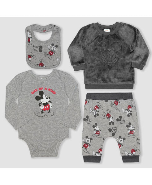 Baby Boys Mickey Mouse Wubby Fleece Top, Pants, Bodysuit and Bib Set