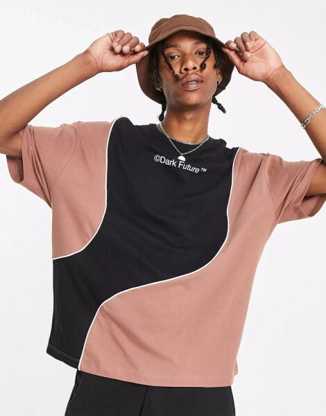 ASOS Dark Future oversized t-shirt with curved cut and sew and piping details with logo print in brown