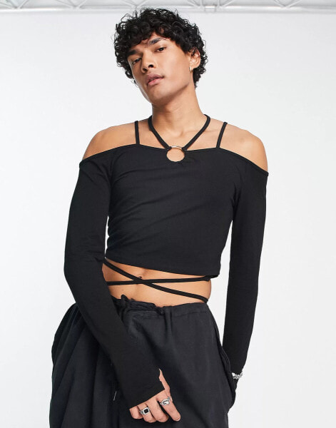 ASOS DESIGN long sleeve muscle t-shirt with wrap details in black